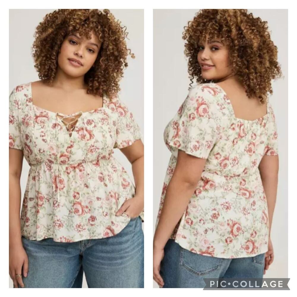Torrid Floral Babydoll Lace Up Top Plus Size 3X